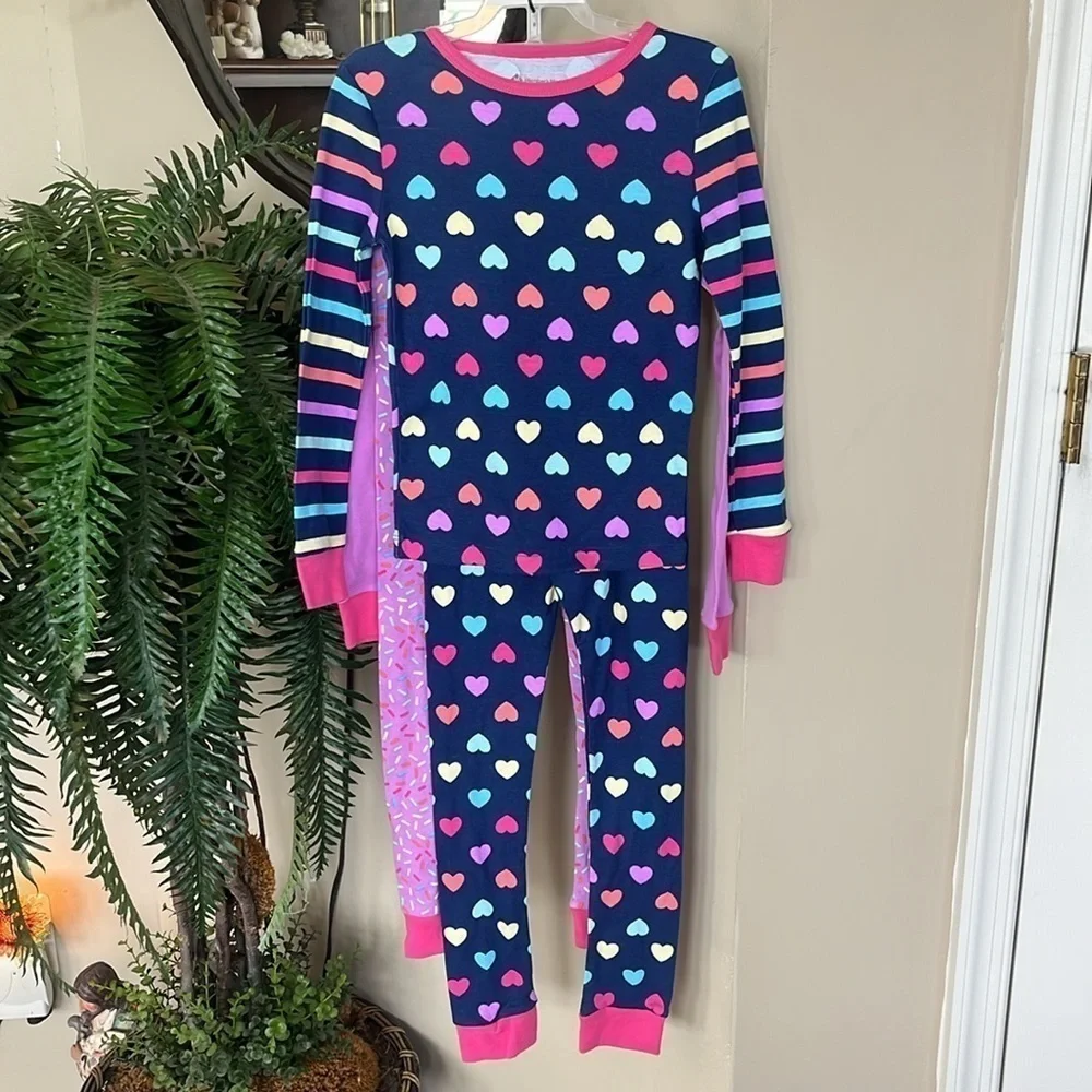 Brand New 2 Pack Pajama Set Donut Stripes Hearts Long Sleeve Top Pants Sleepwear